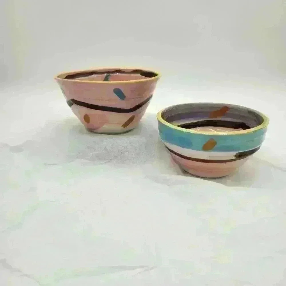 Two Colorful Abstract Fantasy Clay Pots 5 1/2" & 4 7/8" By Pat Schneider Signed‎